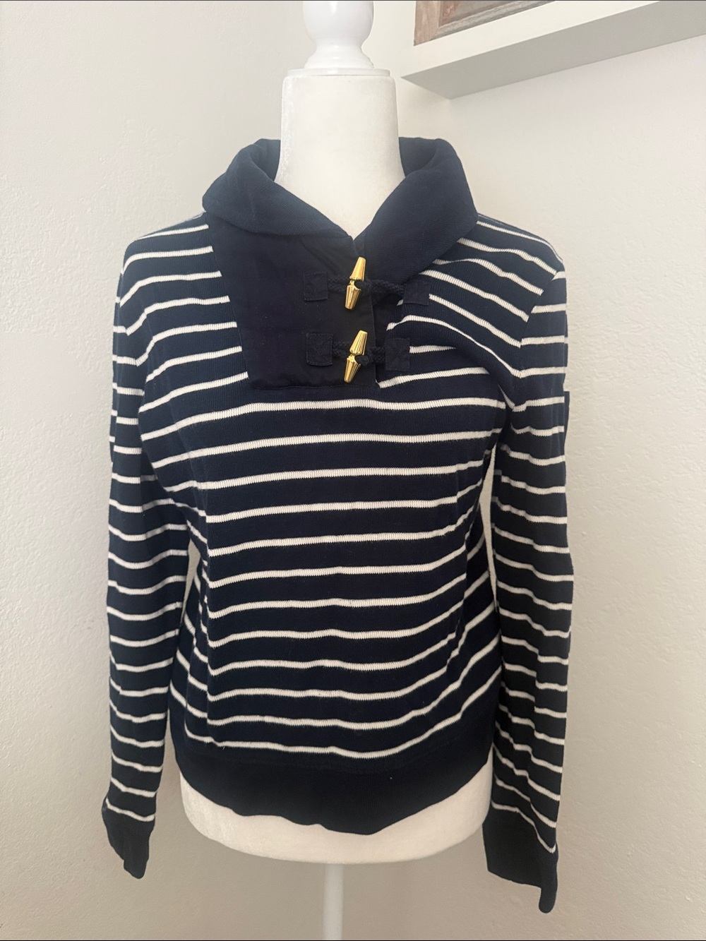Ralph Lauren Navy and White Striped Funnel Collar Sweater with Gold Toggles